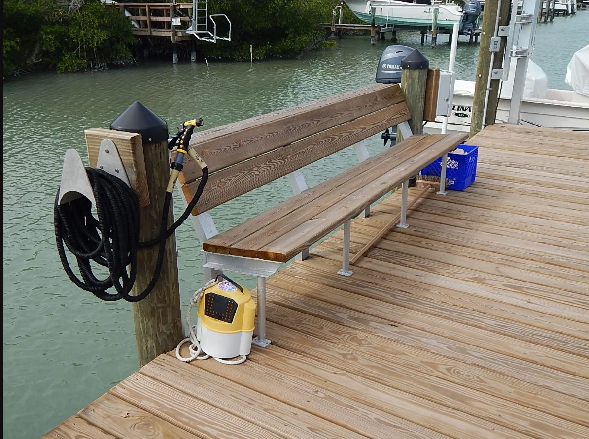 Dock bench with a backrest, built from the decking material